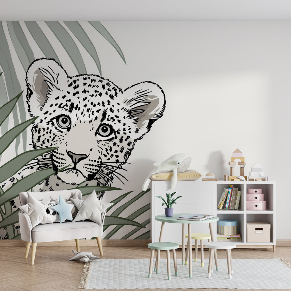 Leopard safari mural wallpaper in modern kids bedroom with natural wood furniture