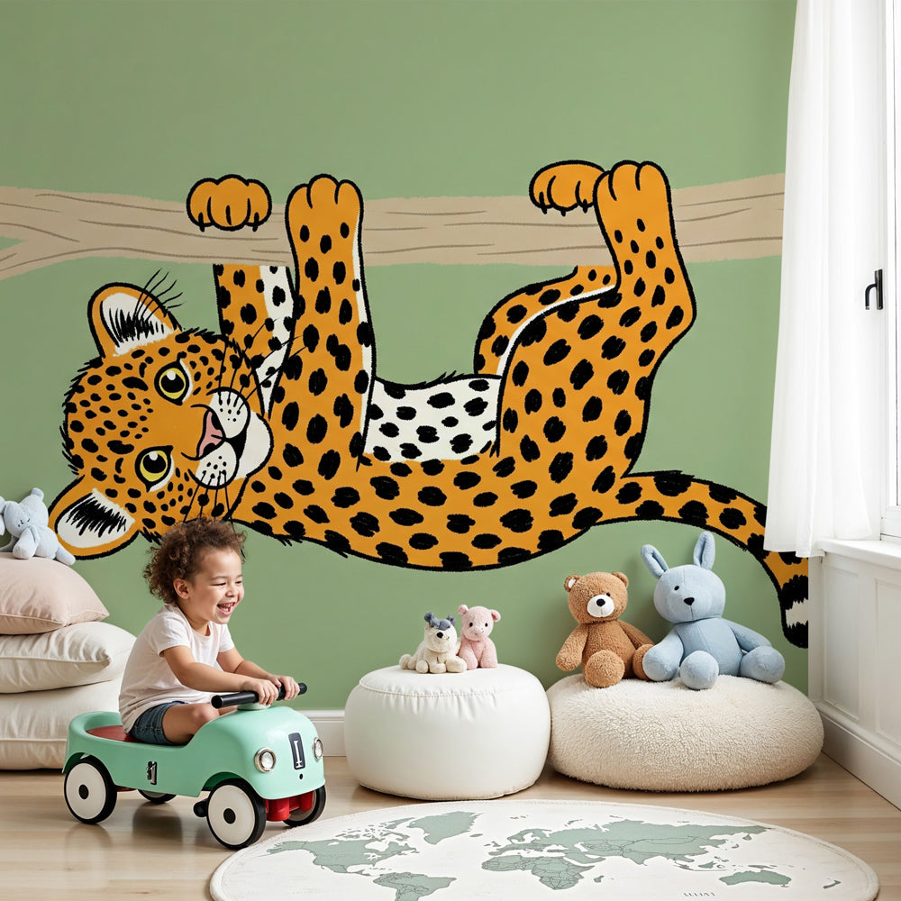 Jungle leopard mural wallpaper creating safari-themed nursery decor by Kids-Mundo