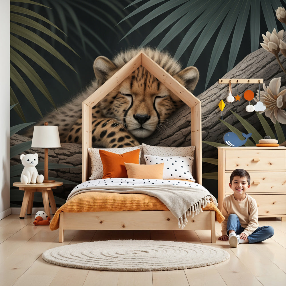 Jungle leopard mural wallpaper creating peaceful nursery decor with tropical wildlife theme by Kids-Mundo