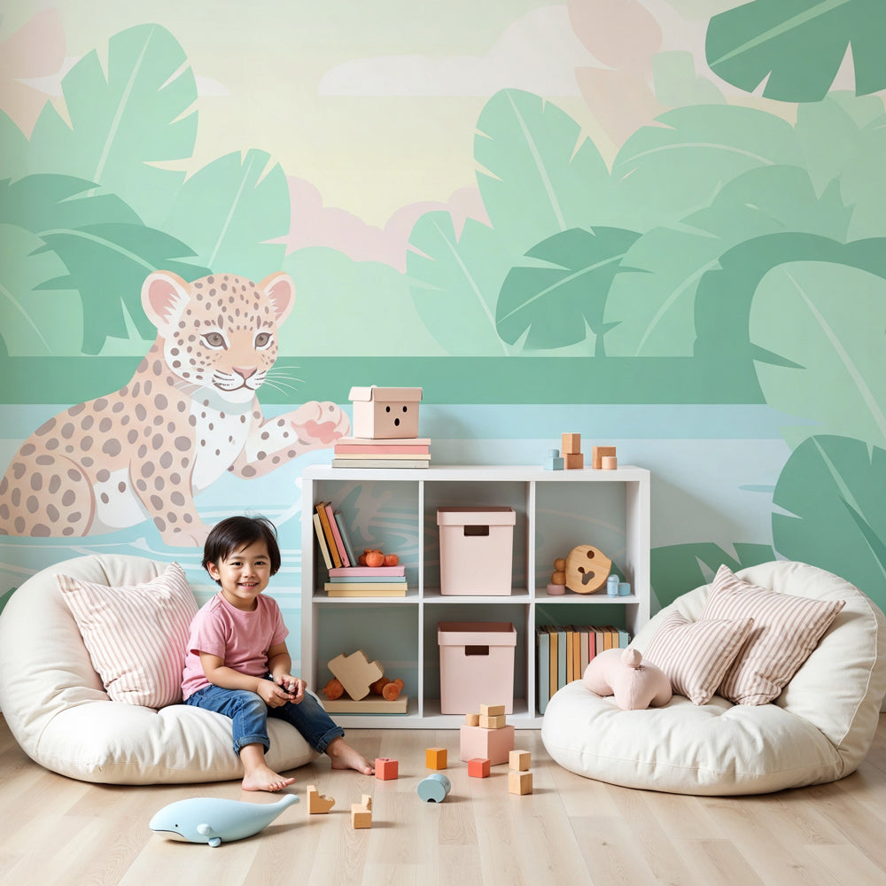 Jungle leopard mural wallpaper creating tropical adventure in modern kids nursery by Kids-Mundo