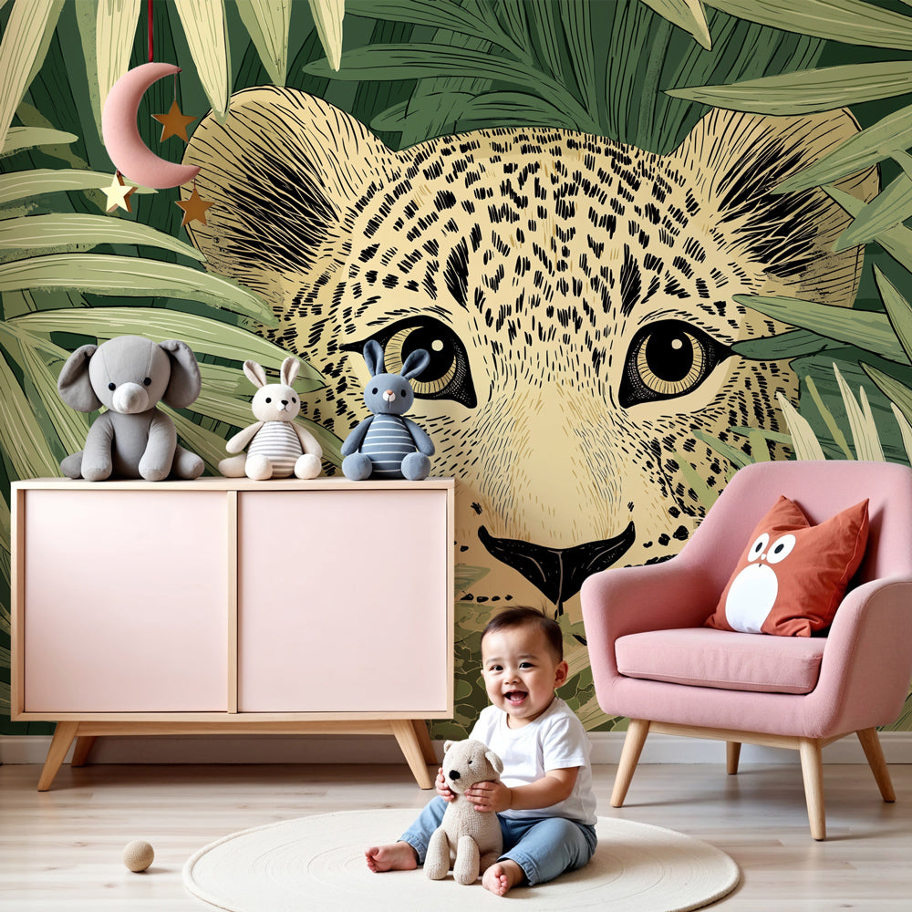 Jungle leopard mural wallpaper creating safari adventure nursery with tropical decor by Kids-Mundo