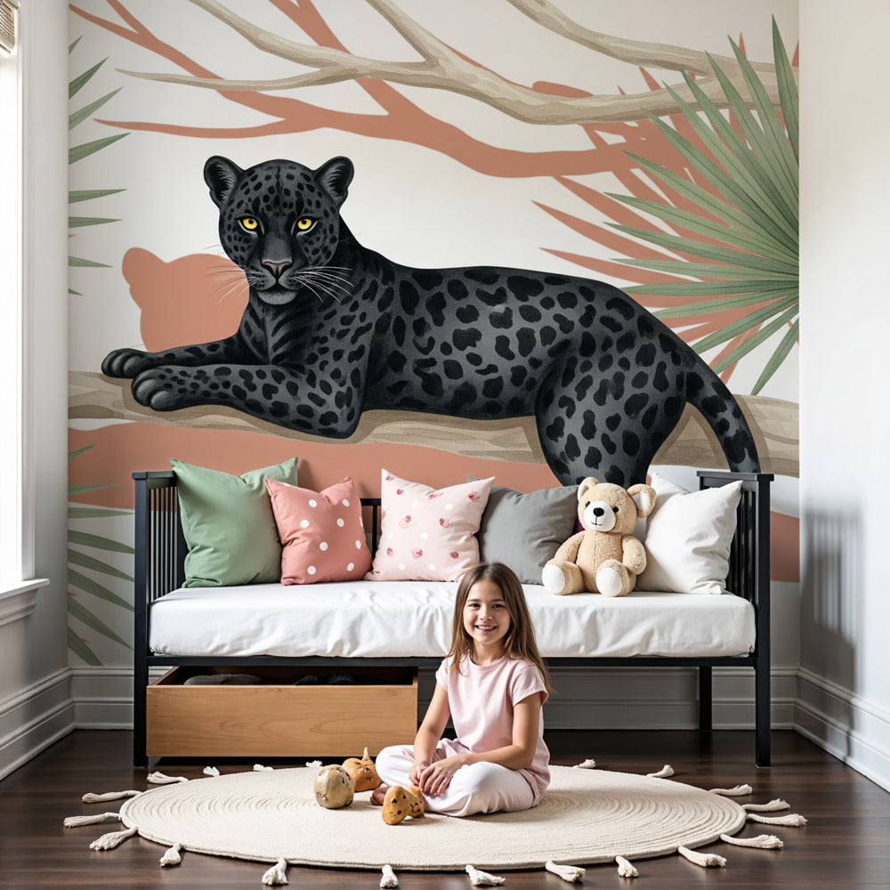 Jungle leopard mural wallpaper creating safari adventure atmosphere in modern kids bedroom by Kids-Mundo