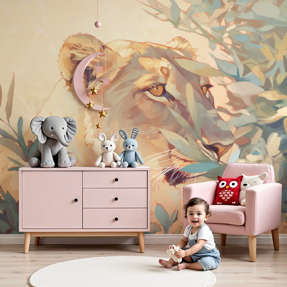 Jungle lion mural wallpaper with hidden lioness creating safari nursery decor by Kids-Mundo