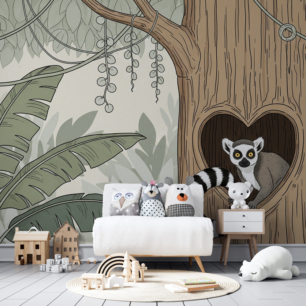 Playful monkey wallpaper with lush jungle foliage decorating children's bedroom wall