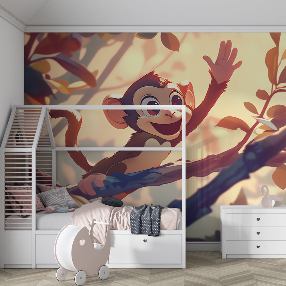 Happy monkey wallpaper creating adventurous atmosphere in children's bedroom decor