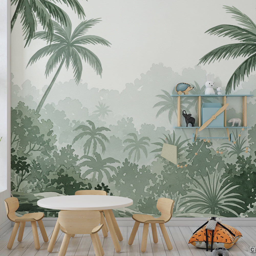 Tropical monkey wallpaper creating adventurous kids bedroom with green botanical theme