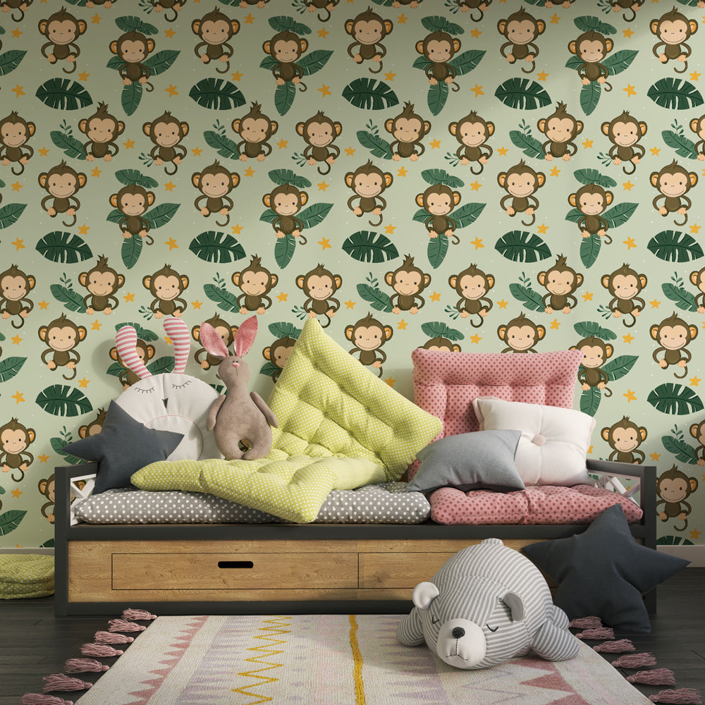 Tropical monkey wallpaper with lush green leaves transforming children's bedroom into jungle paradise