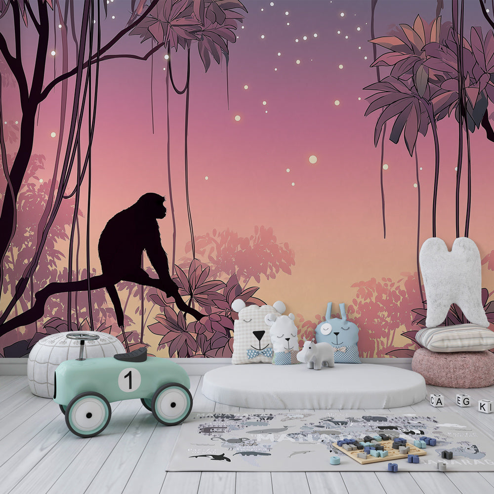 Twilight safari monkey wallpaper creating magical atmosphere in children's bedroom decor