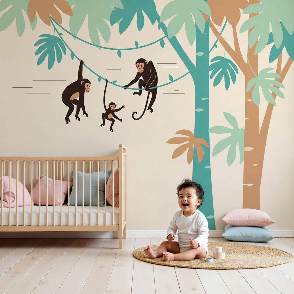 Jungle monkey mural wallpaper in modern nursery with wooden crib by Kids-Mundo