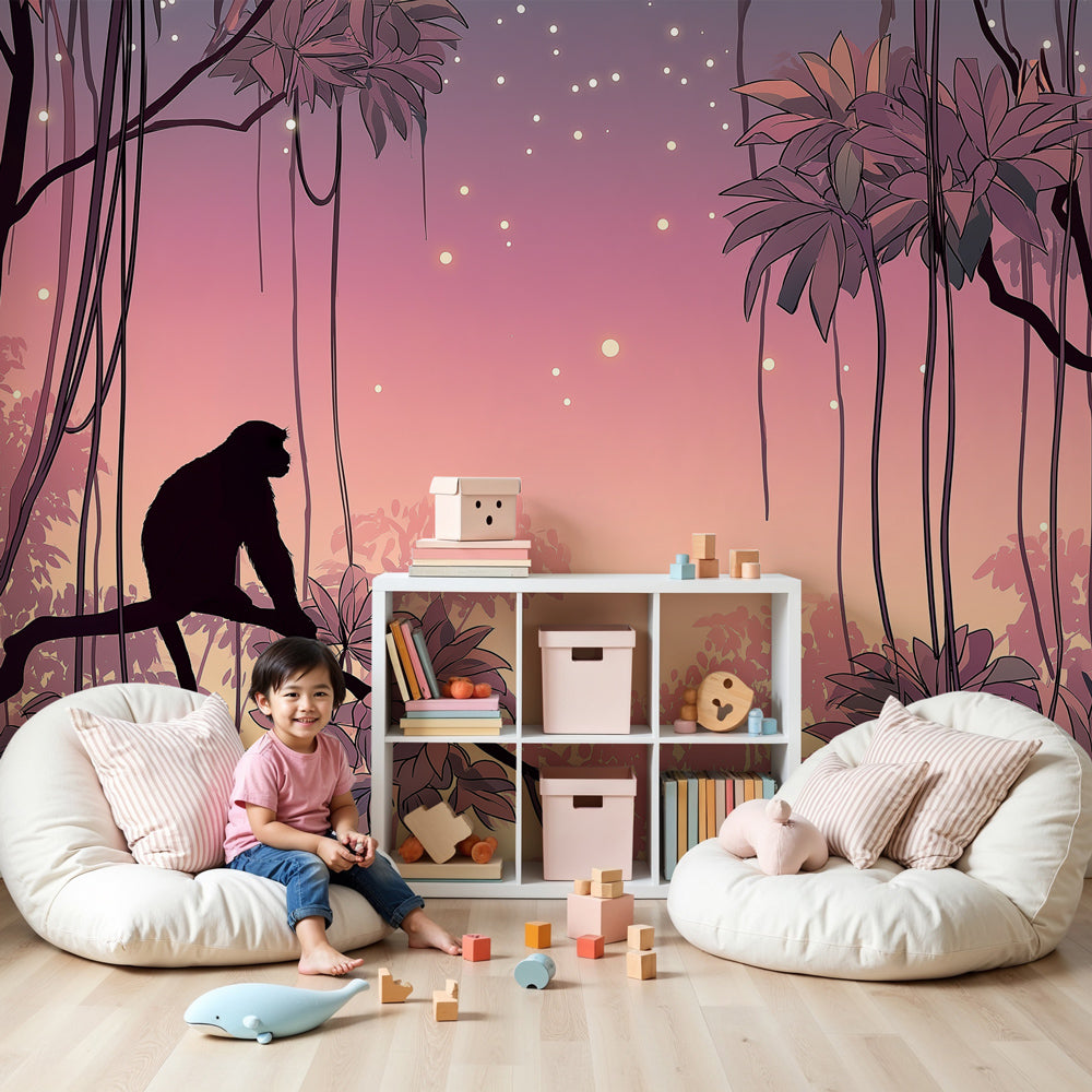 Jungle monkey mural wallpaper with twilight colors in modern nursery room by Kids-Mundo