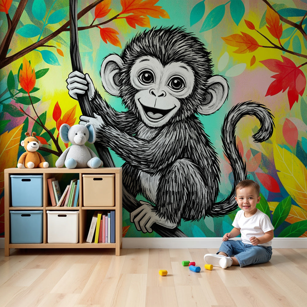 Jungle monkey mural wallpaper creating vibrant tropical nursery decor with playful animal theme by Kids-Mundo