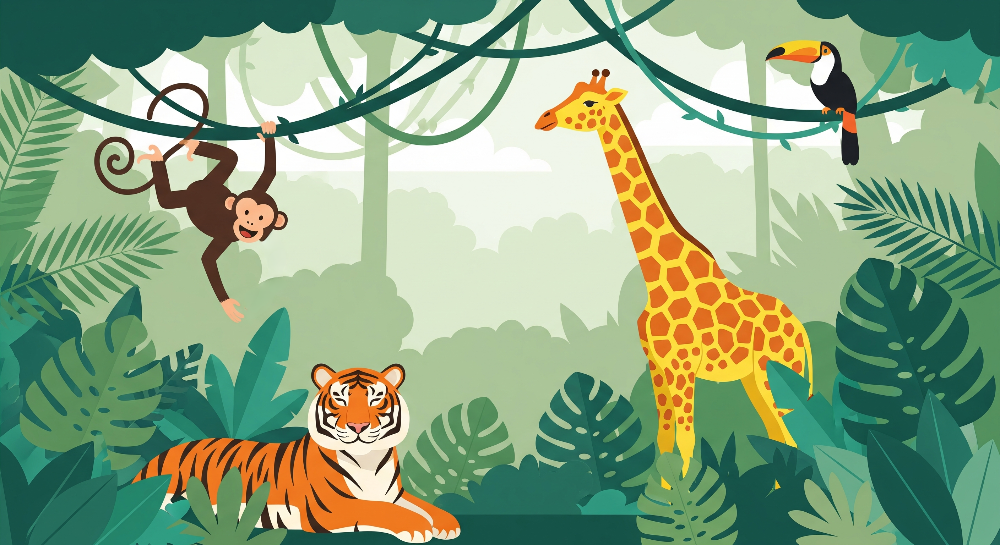 Jungle Monkey, Tiger and Giraffe Wall Mural