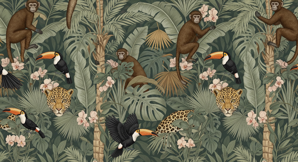 Jungle Monkeys, Toucans and Leopards Wall Mural