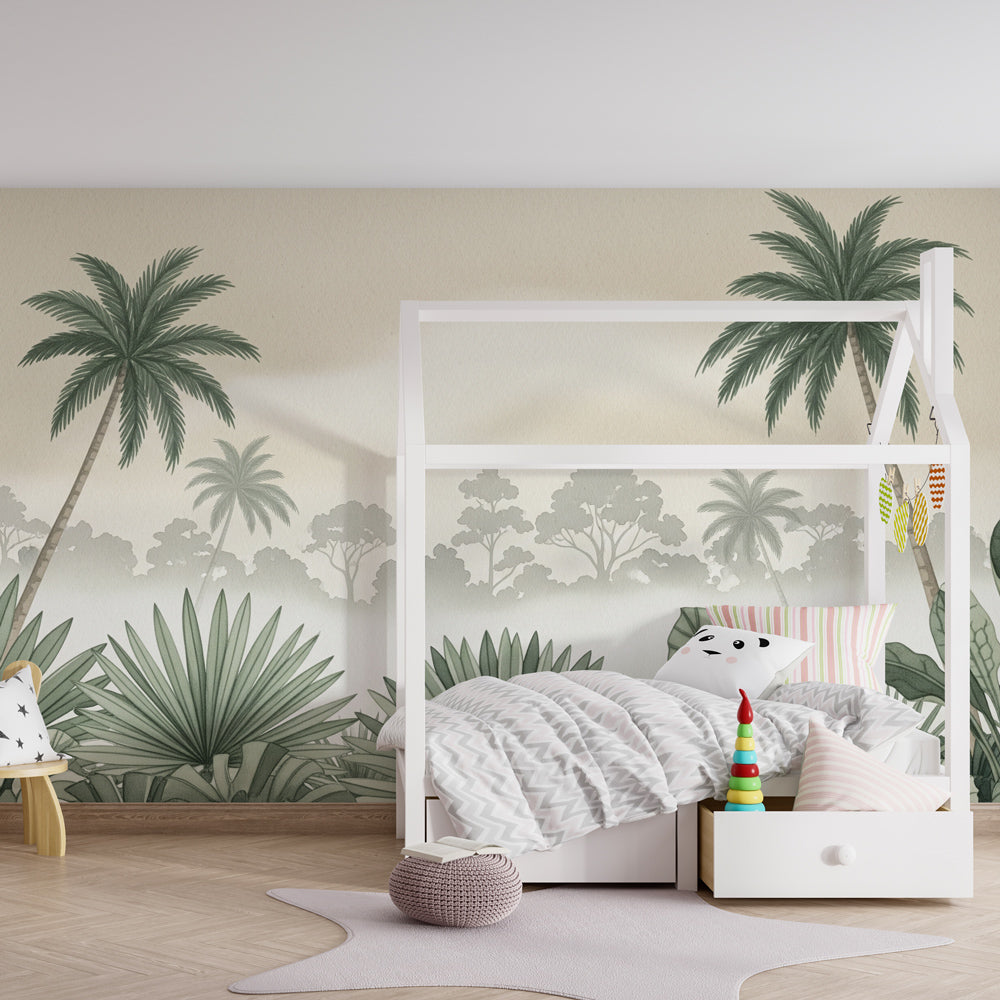 Tropical jungle wallpaper with palm trees decorating serene baby bedroom interior