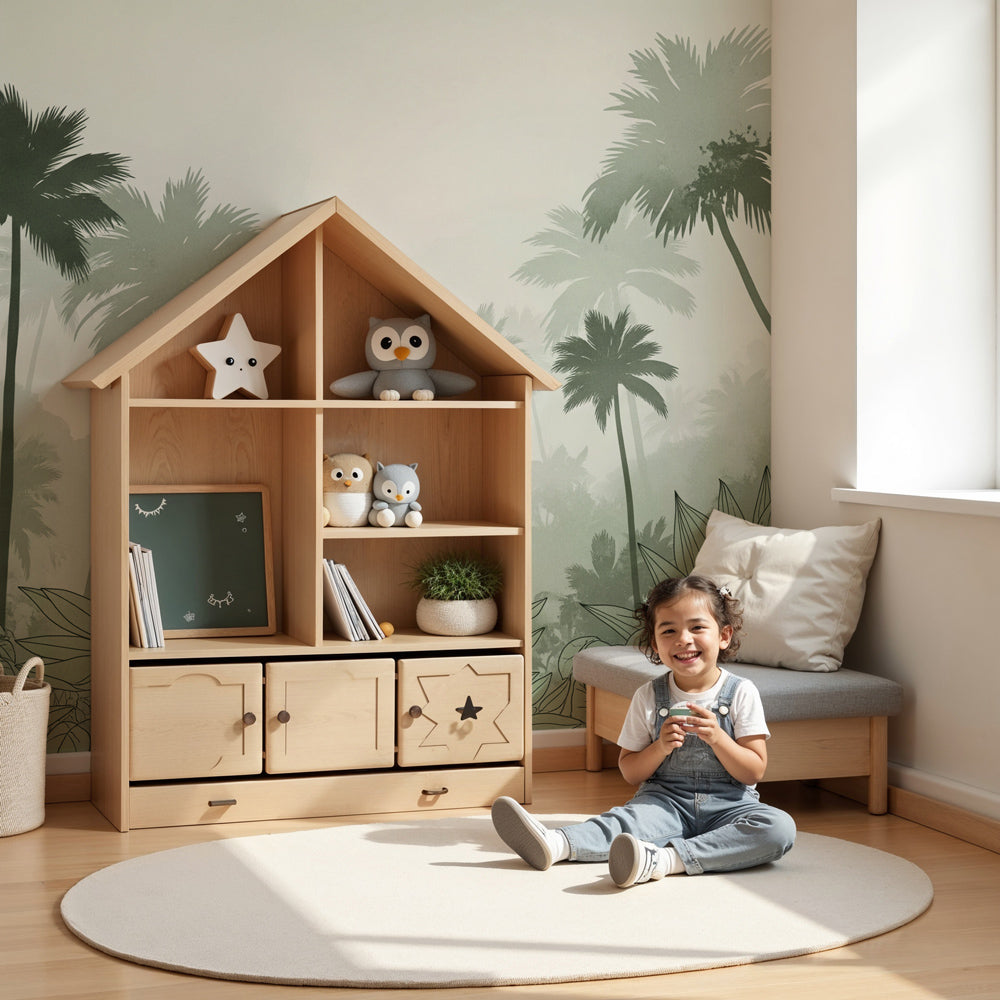 Mystical jungle mural wallpaper with palm trees creating tropical atmosphere in modern kids nursery by Kids-Mundo