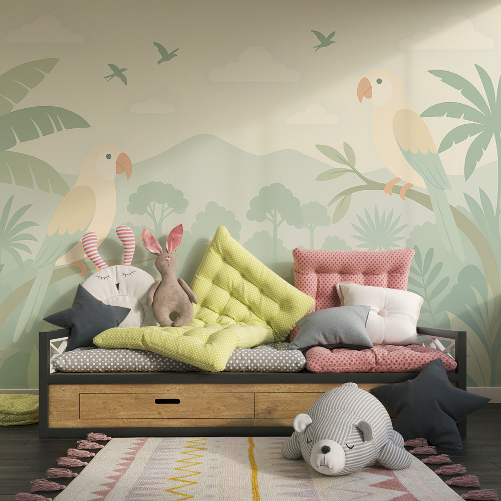 Tropical parrot wallpaper creating peaceful kids bedroom with soft pastel jungle theme