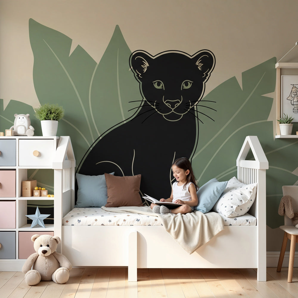 Jungle puma mural wallpaper creating tropical adventure theme in modern nursery by Kids-Mundo