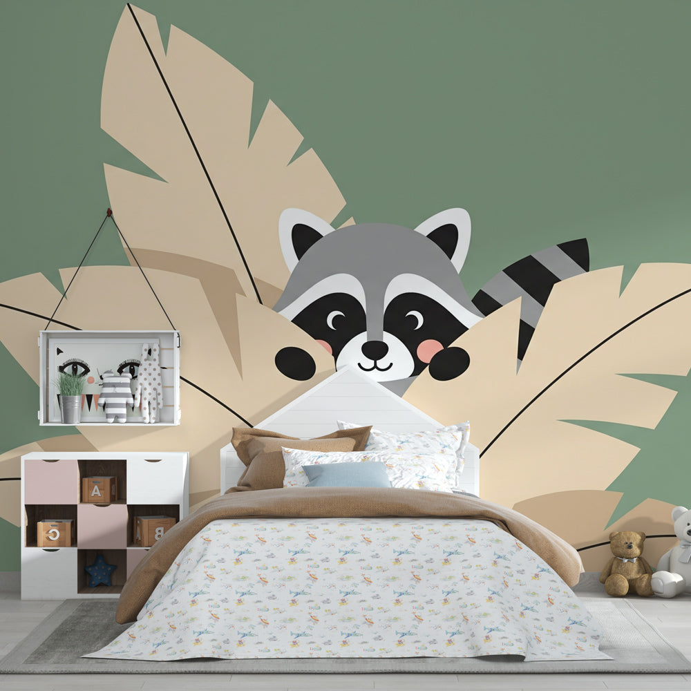 Tropical raccoon wallpaper creating peaceful nursery atmosphere with soft green tones