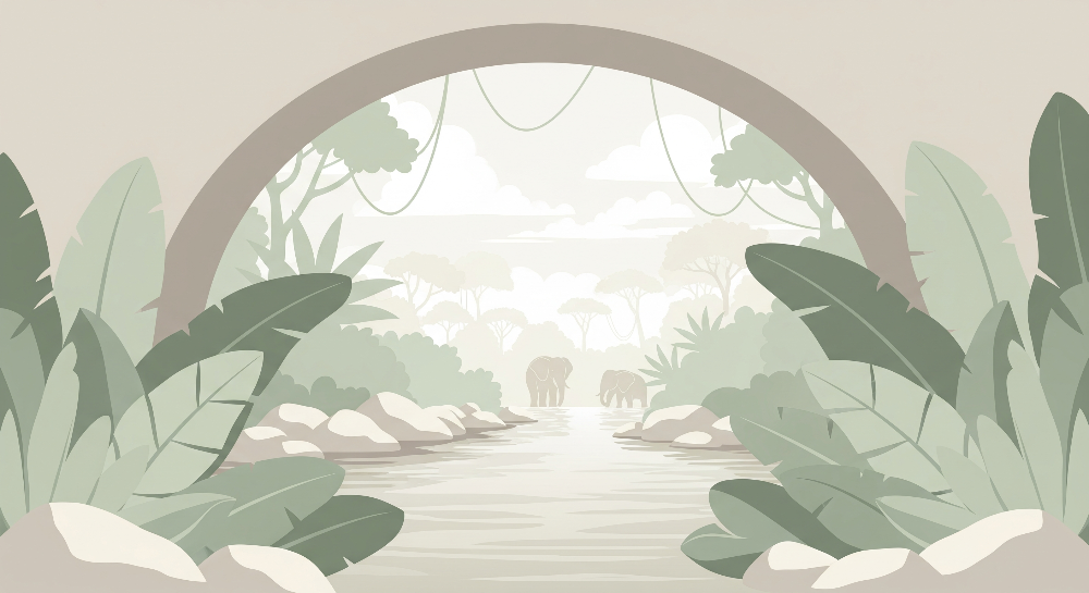 Jungle River Elephants Through a Stone Arch Wall Mural