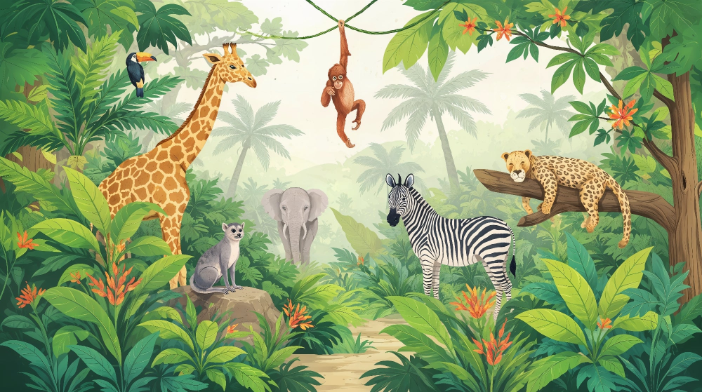 Tropical Jungle Safari Animals Wall Mural