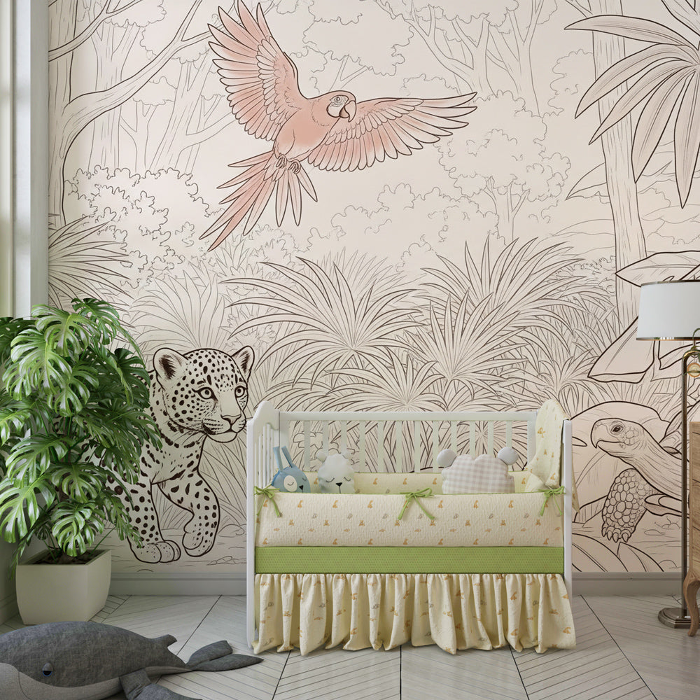 Safari adventure wallpaper creating wild jungle atmosphere in children's bedroom decor
