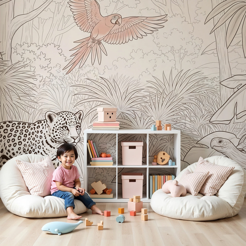 Jungle safari mural wallpaper with leopard and tropical animals in modern nursery by Kids-Mundo