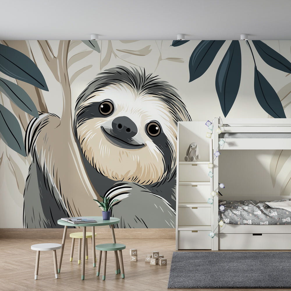 Smiling sloth wallpaper creating serene atmosphere in modern nursery decor