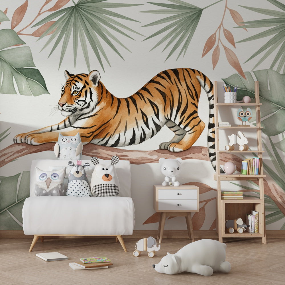 Safari tiger wallpaper creating adventurous atmosphere in children's bedroom