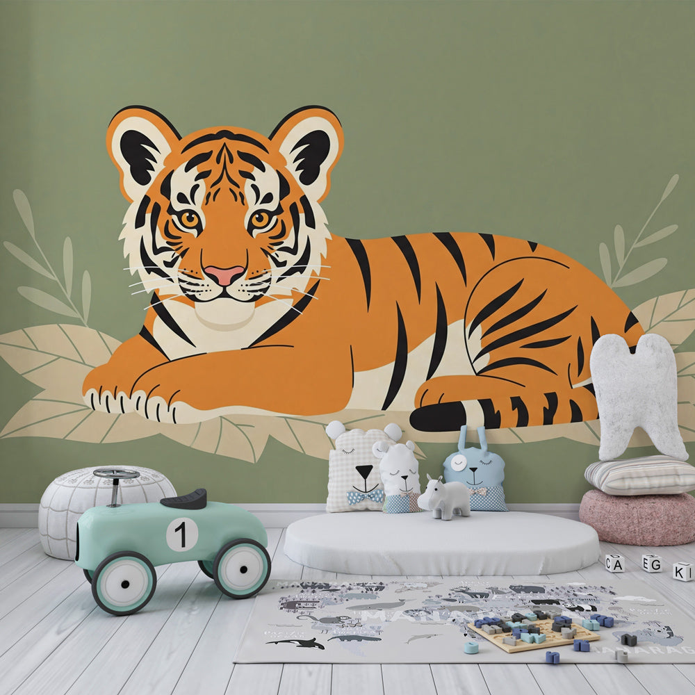 Peaceful tiger wallpaper creating wild adventure theme in children's bedroom