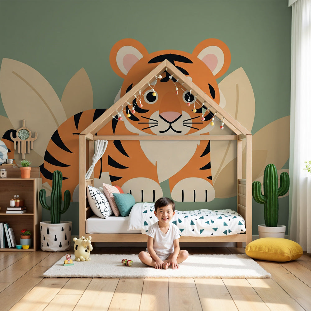 Jungle tiger mural wallpaper in modern nursery with natural wood crib by Kids-Mundo