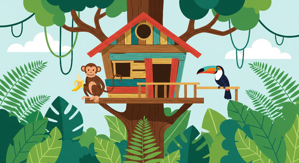Jungle Treehouse with Monkey and Toucan Wall Mural