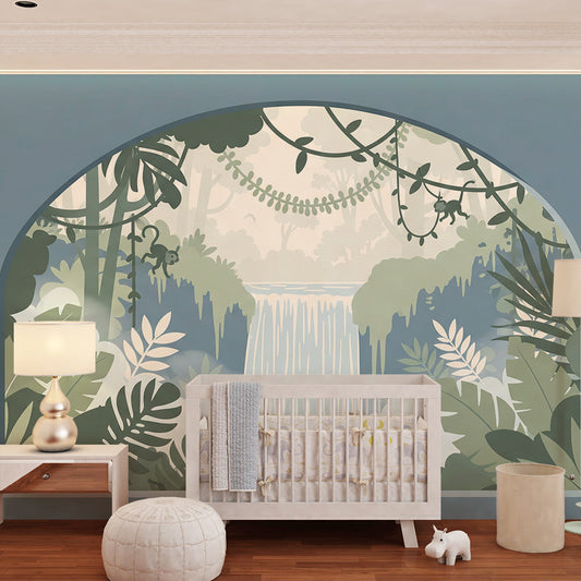 Kids-Mundo waterfall arch wall mural covering a wall in a soothing kids bedroom