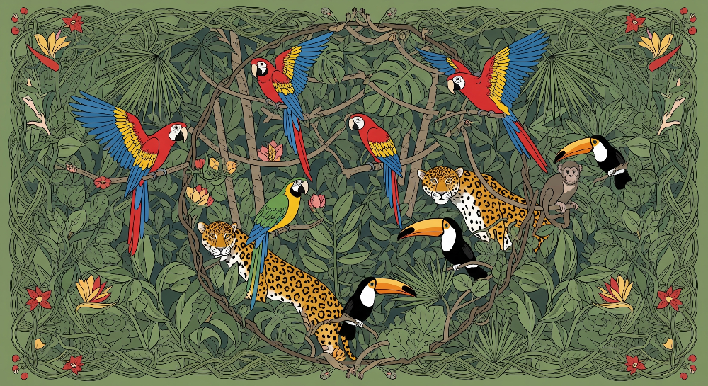 Colourful Jungle Wreath with Macaws and Leopards Wall Mural