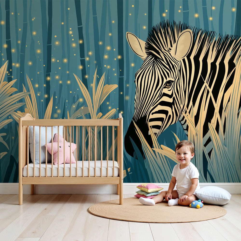 Jungle zebra mural wallpaper in modern nursery with natural wood furniture by Kids-Mundo