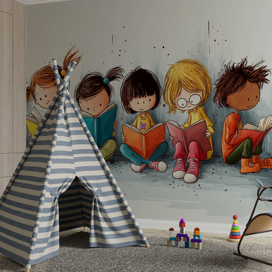 Kids-Mundo reading children wall mural covering a feature wall in a playful kids bedroom