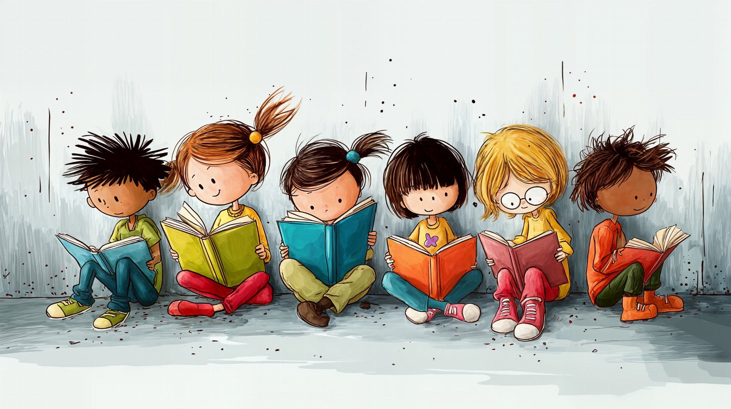 Kids-Mundo flat artwork of six children sitting in a row reading colourful storybooks