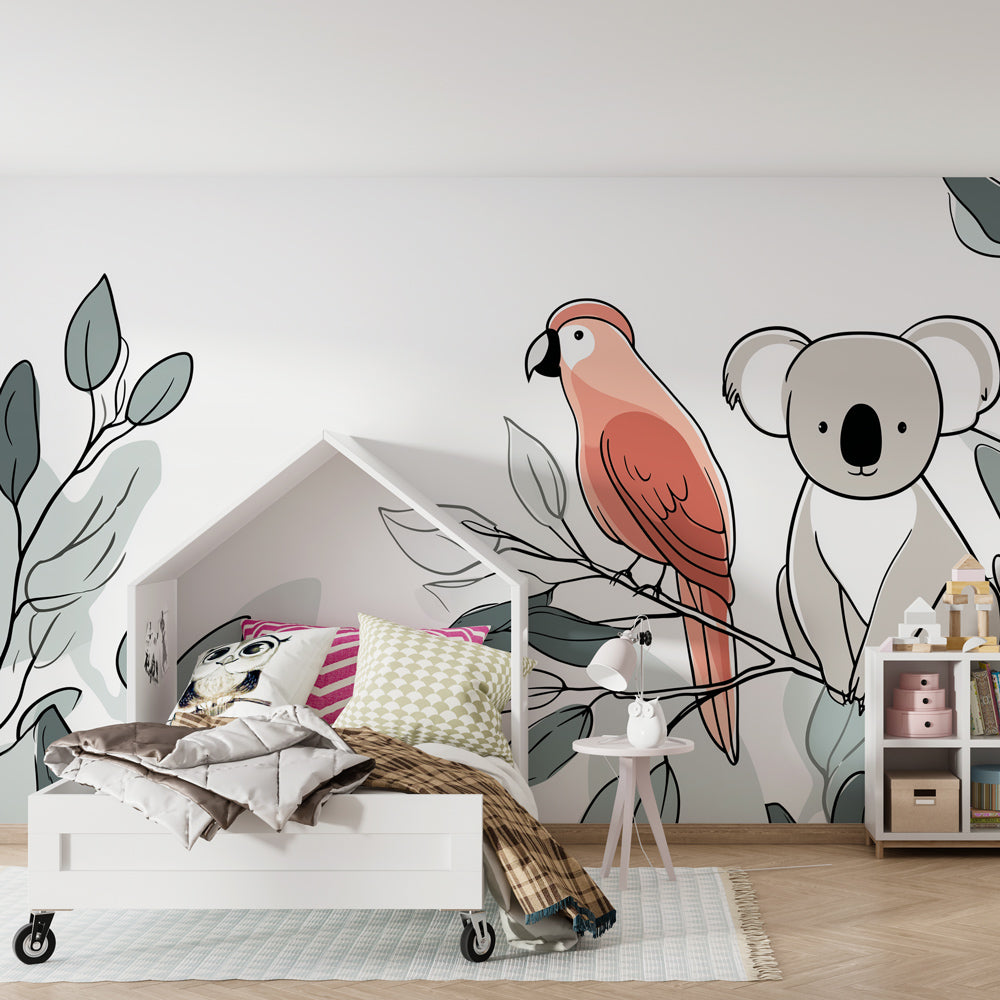 Tropical koala mural wallpaper creating peaceful atmosphere in children's bedroom decor