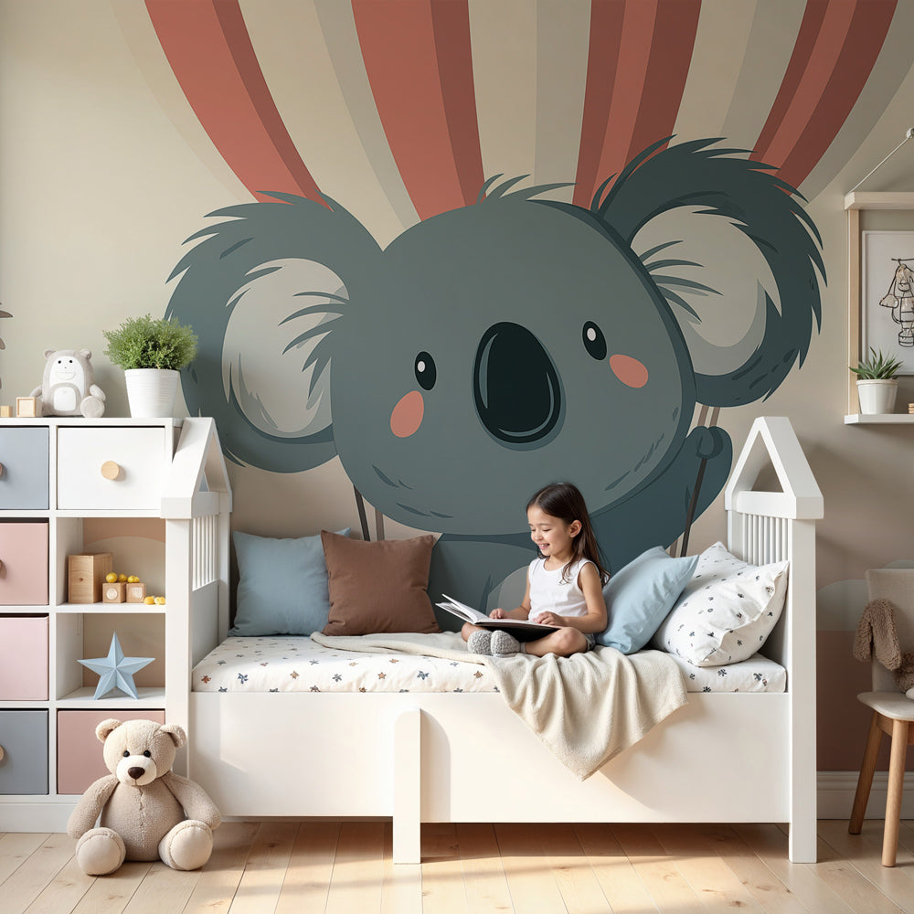 Koala balloon mural wallpaper in pastel nursery with white crib by Kids-Mundo