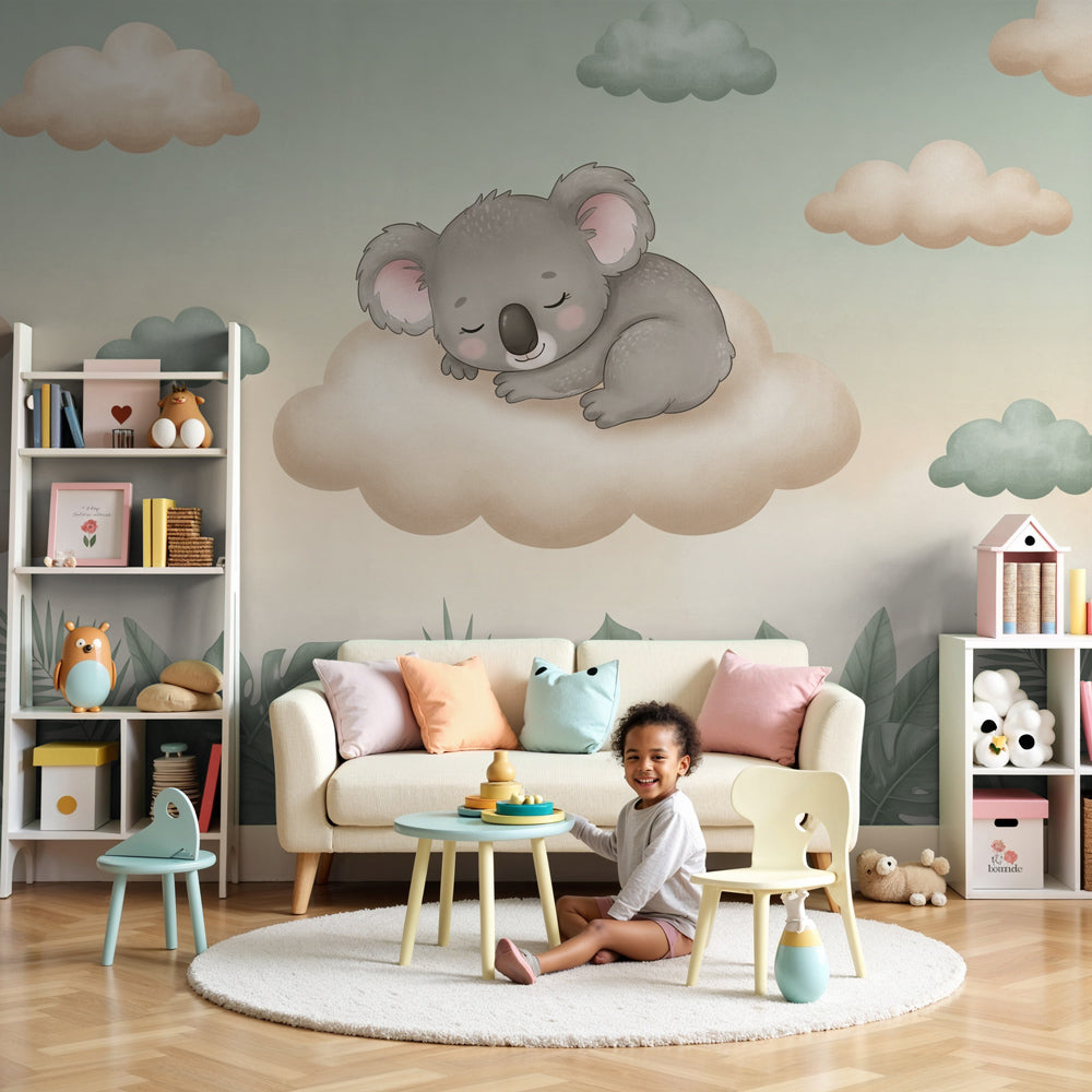 Peaceful koala cloud mural wallpaper in modern baby nursery with natural wood crib by Kids-Mundo