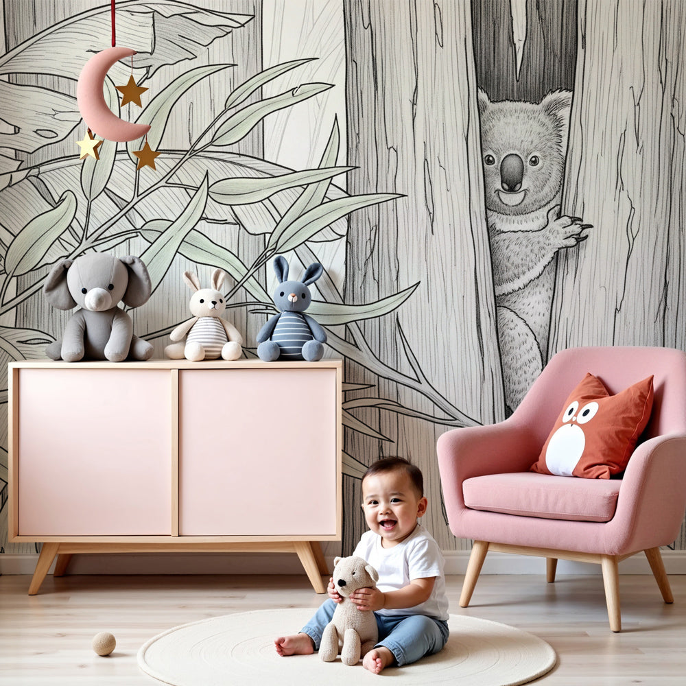Koala forest mural wallpaper in modern nursery with natural wood furniture by Kids-Mundo