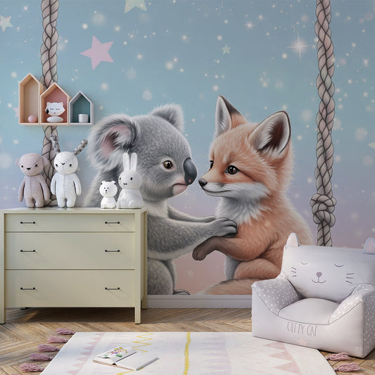 Kids-Mundo koala and fox wall mural decorating a cosy kids bedroom feature wall