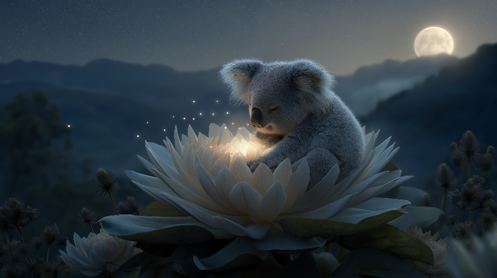Flat artwork of the Kids-Mundo koala wall mural showing a koala on a glowing lotus under the moon