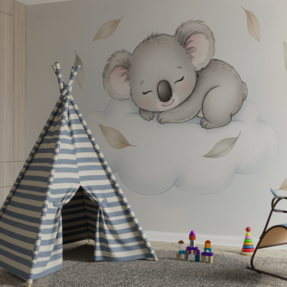 Soft grey koala cloud wallpaper creating serene baby bedroom atmosphere with natural decor