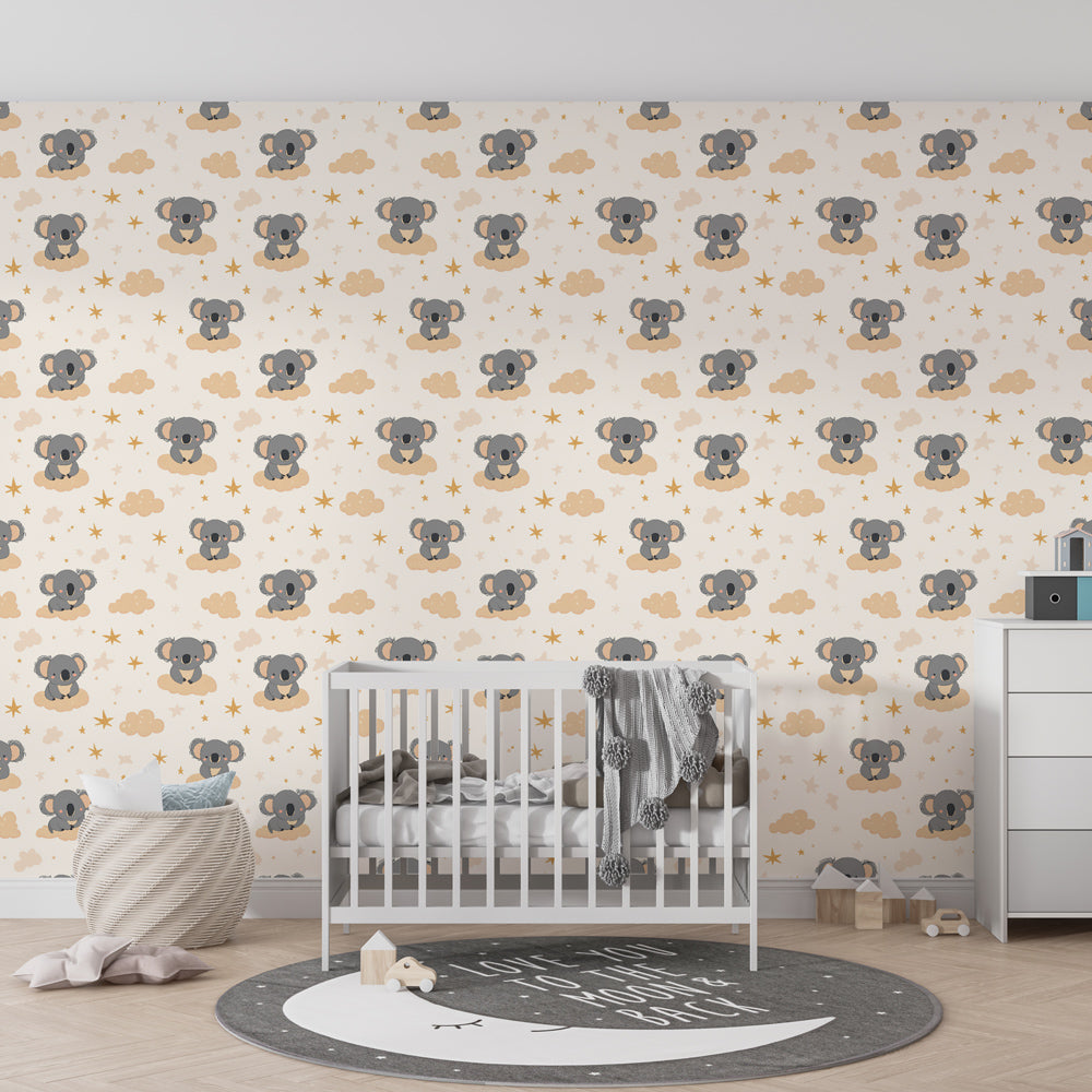 Adorable koala cloud wallpaper creating serene atmosphere in children's bedroom