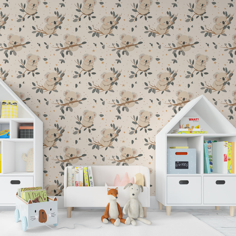 Adorable koala wallpaper transforming children's bedroom with gentle animal theme