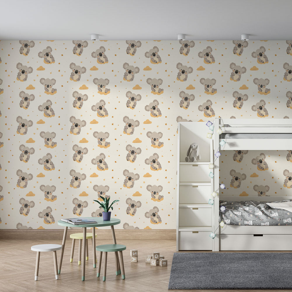 Children's bedroom featuring adorable koala wallpaper with clouds and stars