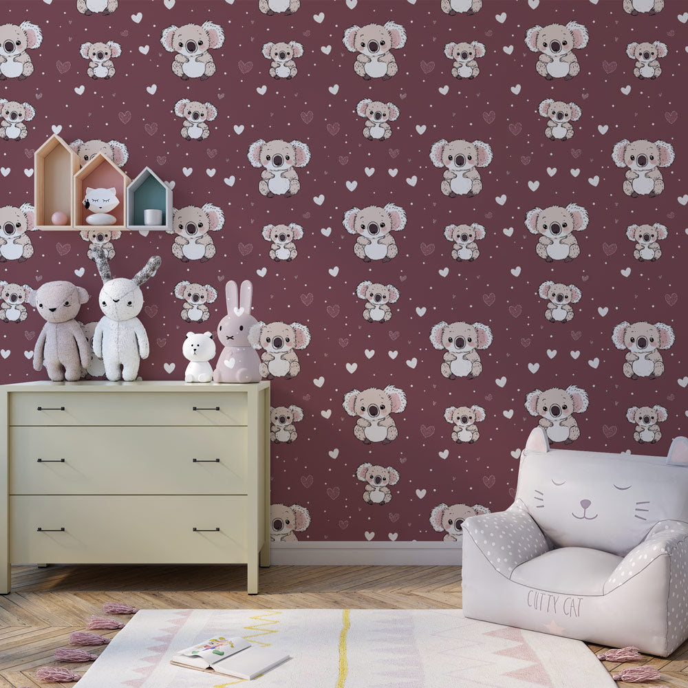 Adorable koala wallpaper transforming children's bedroom with warm burgundy animal theme