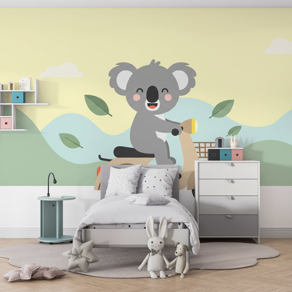 Happy koala adventure mural wallpaper transforming kids bedroom with pastel colors and whimsical design