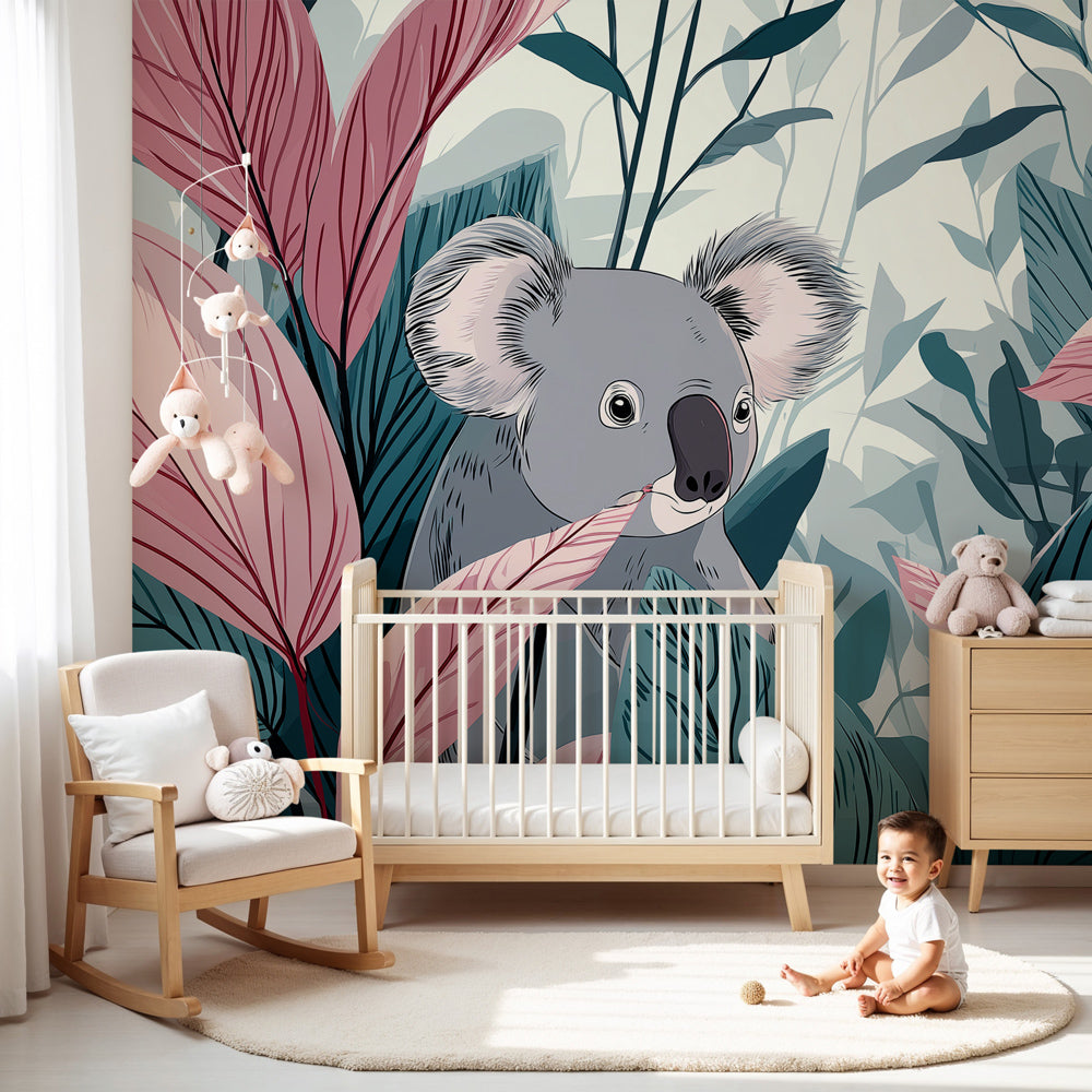 Koala mural wallpaper creating magical jungle nursery decor with blue and pink foliage by Kids-Mundo