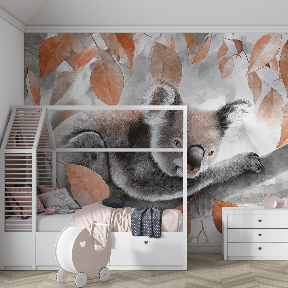 Cozy koala animal wallpaper creating peaceful atmosphere in children's bedroom